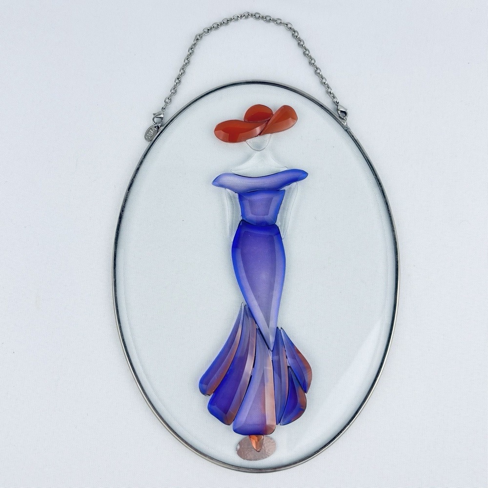 Amia Red‎ Hat Society Woman Lady Purple Dress Hand painted Glass Suncatcher Oval